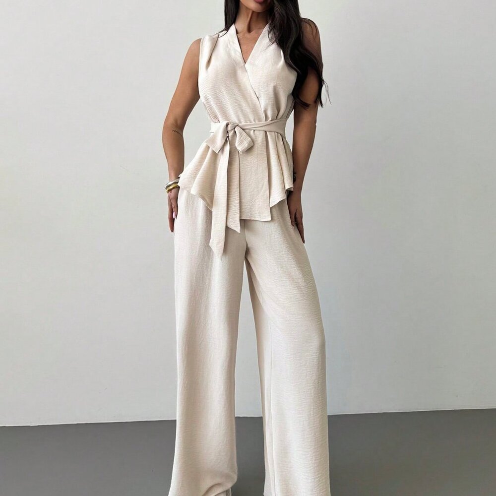 Apricot Elegant Casual Womens Loose V Neck Sleeveless top & Straight Leg Pants - Picture 7 of 7